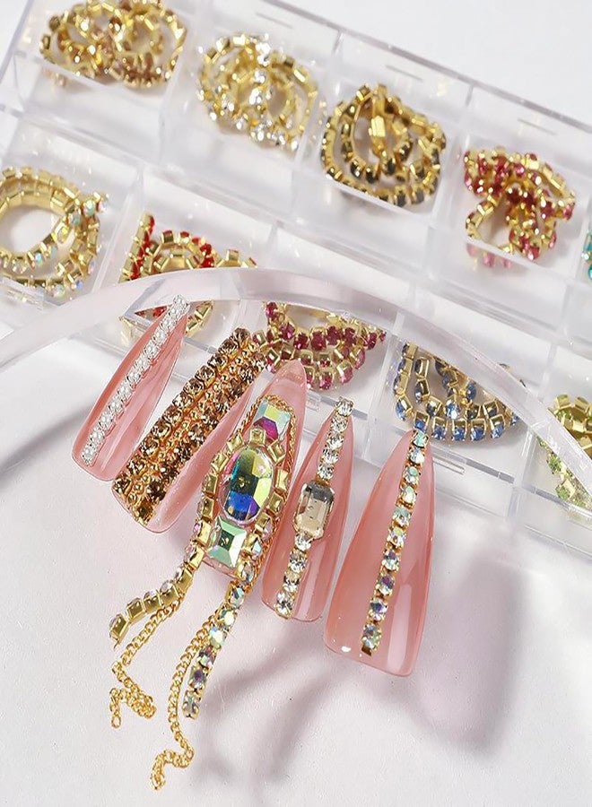 JERCLITY 1 Box 12 Strips Nail Chains for Nail Art Gold Alloy Metal Nail Art Chains Inlay Colorful Rhinestone for Acrylic Nail Art Punk Chain Nail Studs 3D Nail Chains Accessories for Women Nail Art - Image 4